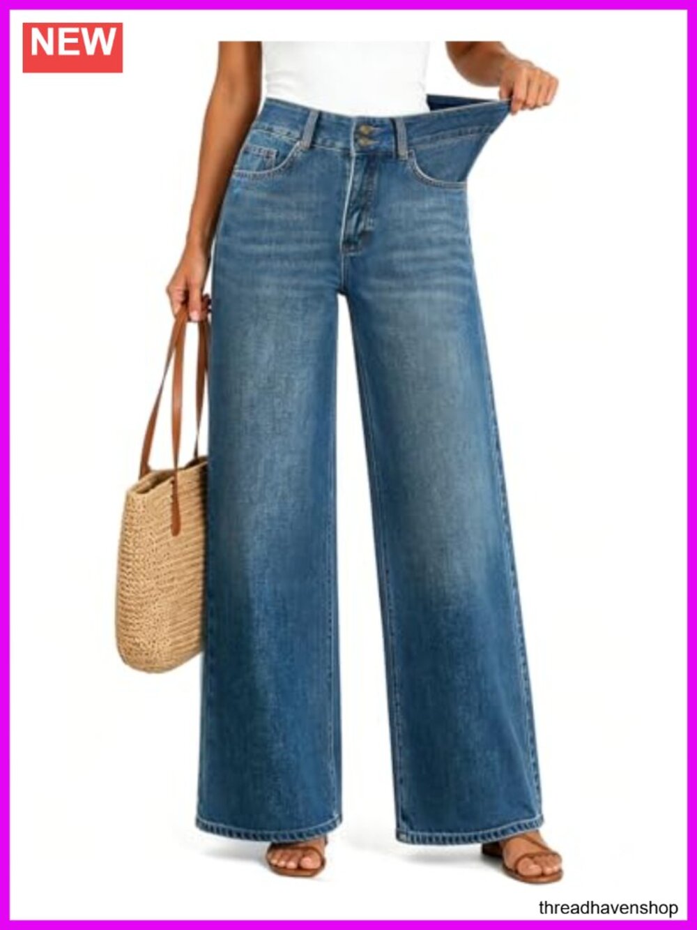 High Waisted Wide Leg Baggy Jeans Stretchy Tummy Control Straight Leg Denim